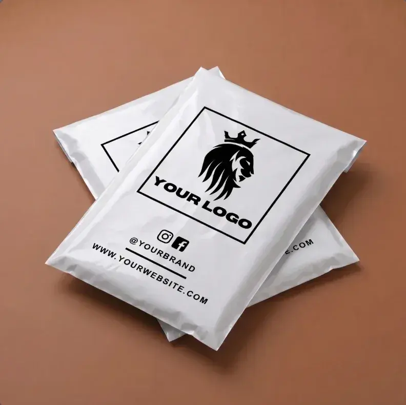 White branded courier bag printed with a logo