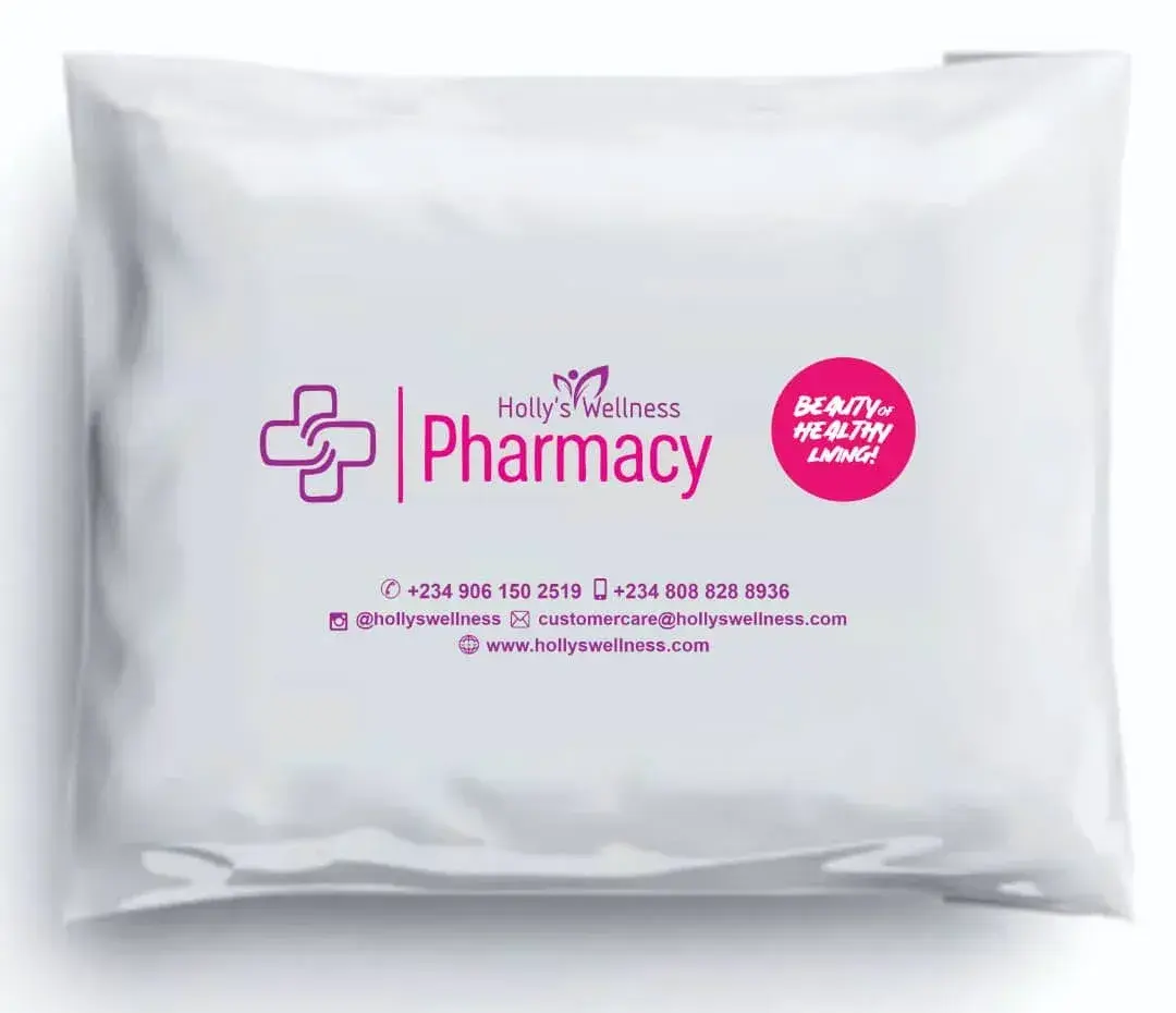 White courier bag printed with the Holly's Wellness Pharmacy logo in pink and purple, for a Nigerian pharmacy brand