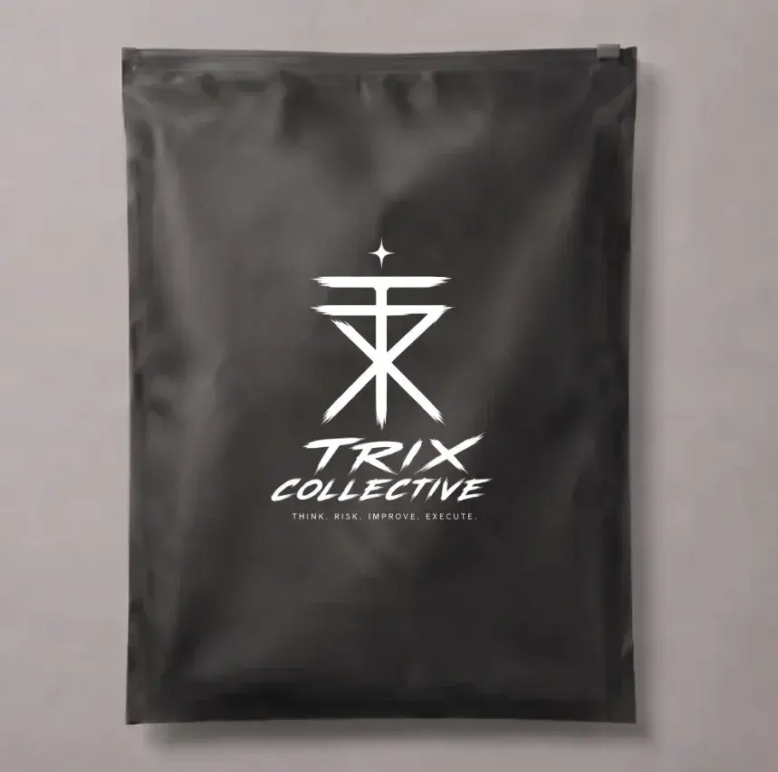Black frosted zipper bag printed with the Trix Collective logo in white, for a Nigerian fashion brand